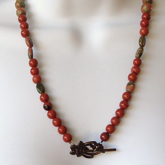 Jasper Unakite Copper Necklace Earrings Set Overlapping Discs Beads Flower Clasp - Picture 7 of 11